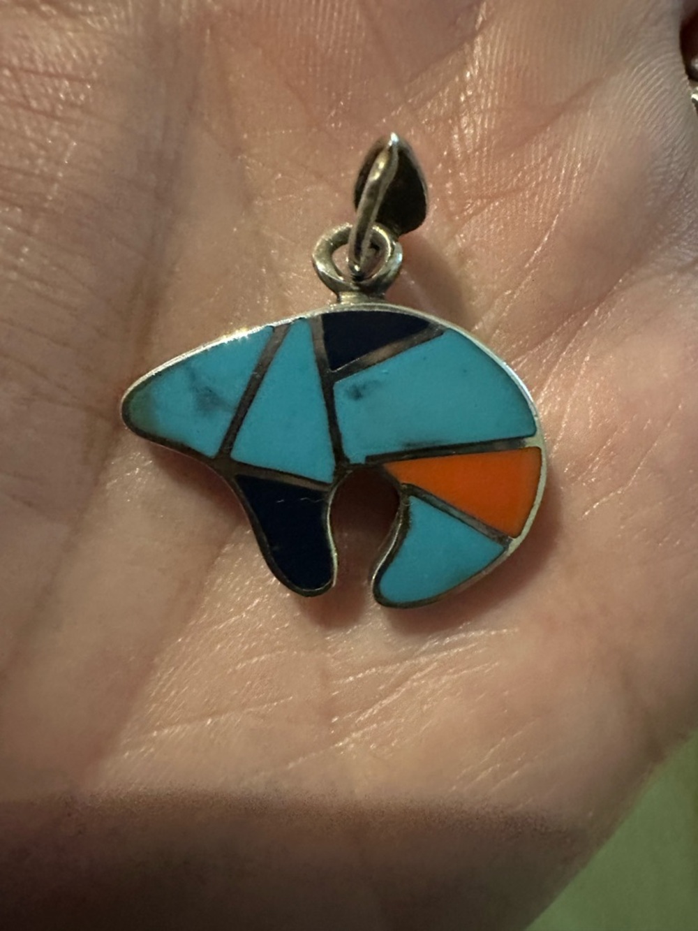 Sterling Inlay Bear Charm Pendant in Turquoise & Orange Reversible see back